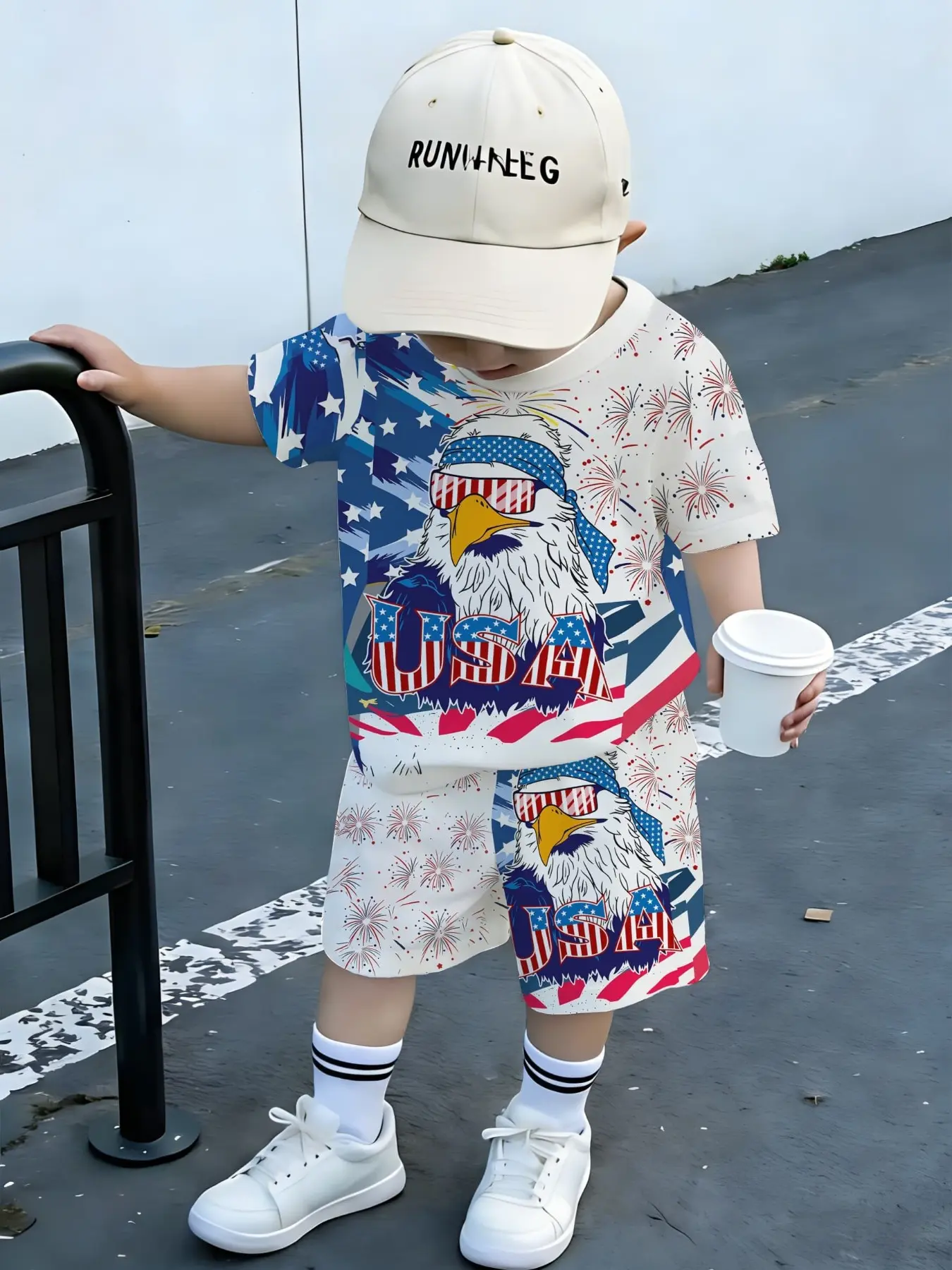 Toddler Boys White USA Bandana Eagle Firework All Over Print 2 Piece Shorts Set, Cool American Eagle Patriotic Short Sleeve Kids Fourth Of July Outfit, Holiday Casual Tracksuit