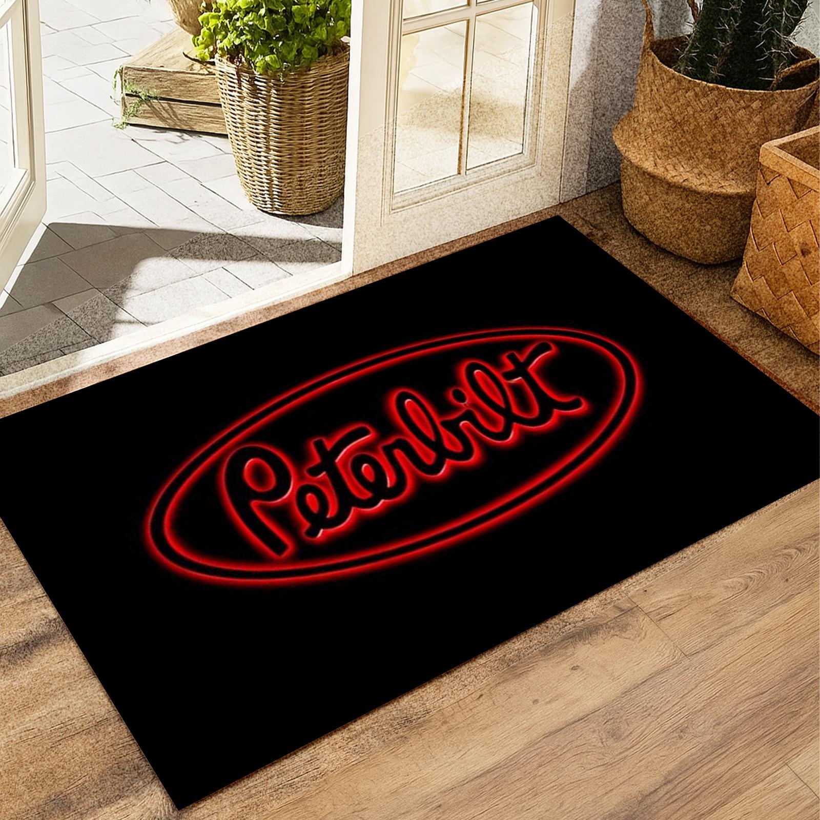 Peterbilt Neon Sign Logo Doormat – Red Glow Oval Truck Brand Floor Mat, Perfect for Truck Drivers, Garage or Man Cave Entryway Decor