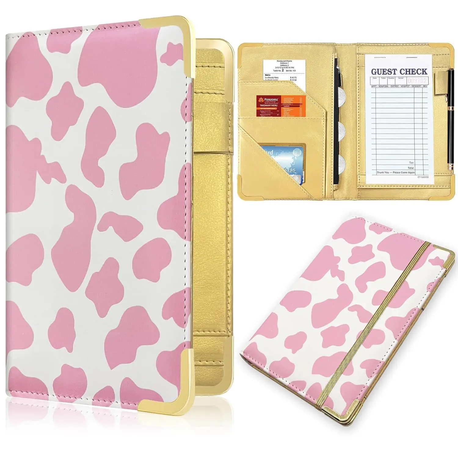 Server Book, Painted Server Books for Waitress, Durable Leather Waitess Book with Zipper Pocket,Server Manual Checkbook Fits Server Apron