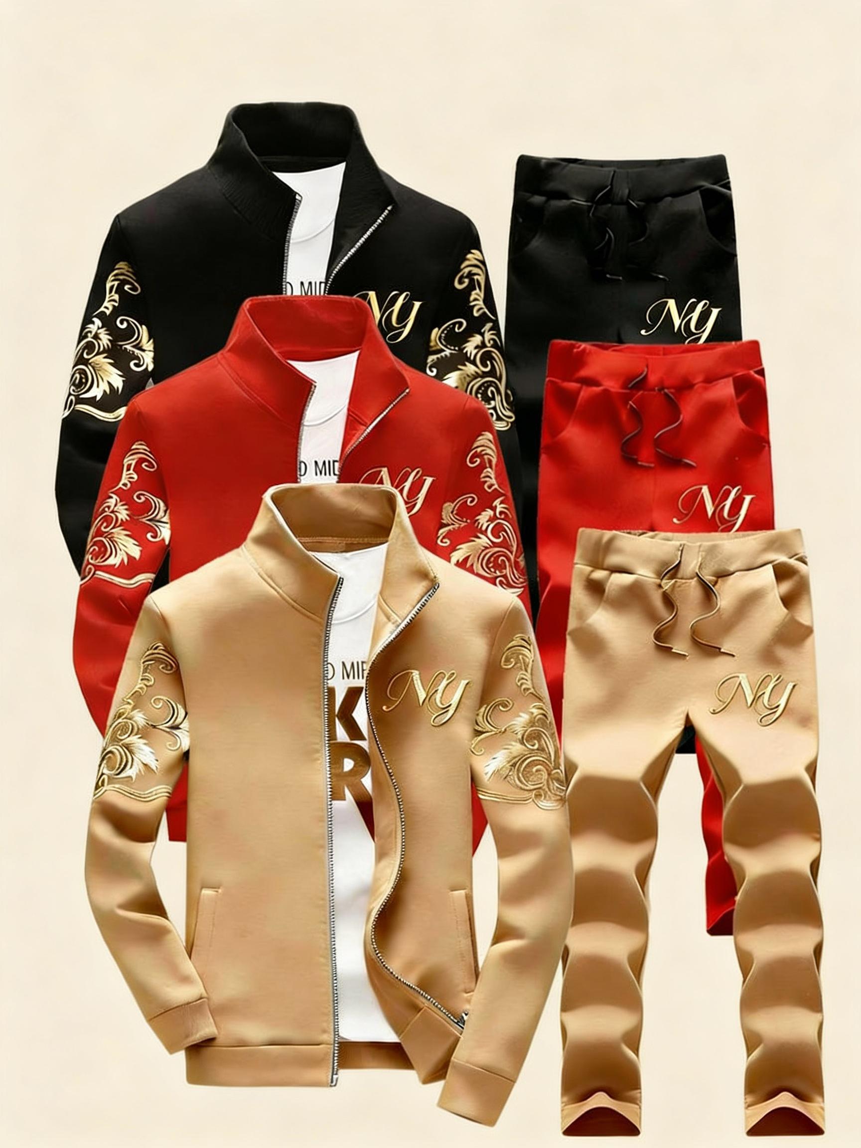 Fashion Men's 3-Piece Coordinated Set with Embroidered Logo and Zipper Closure in Black Red and White