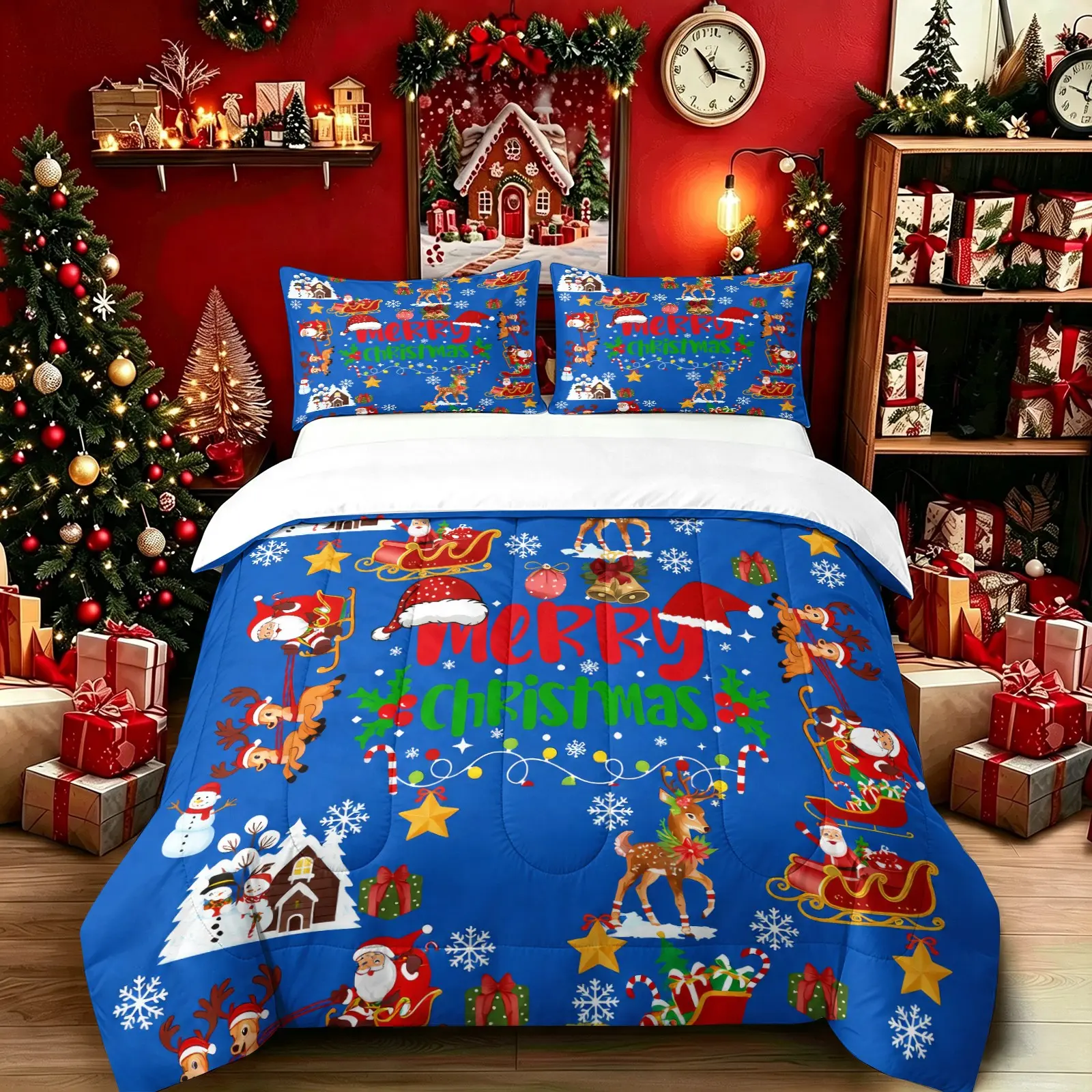 2/3Pcs Cartoon Merry Christmas Comforter Set, Blue Santa Reindeer Snowman Print Bedding Set, U‑Shape Quilted, Soft Microfiber, Holiday Home Decor for Kids Teens Adults Bedroom, No Pillow Insert