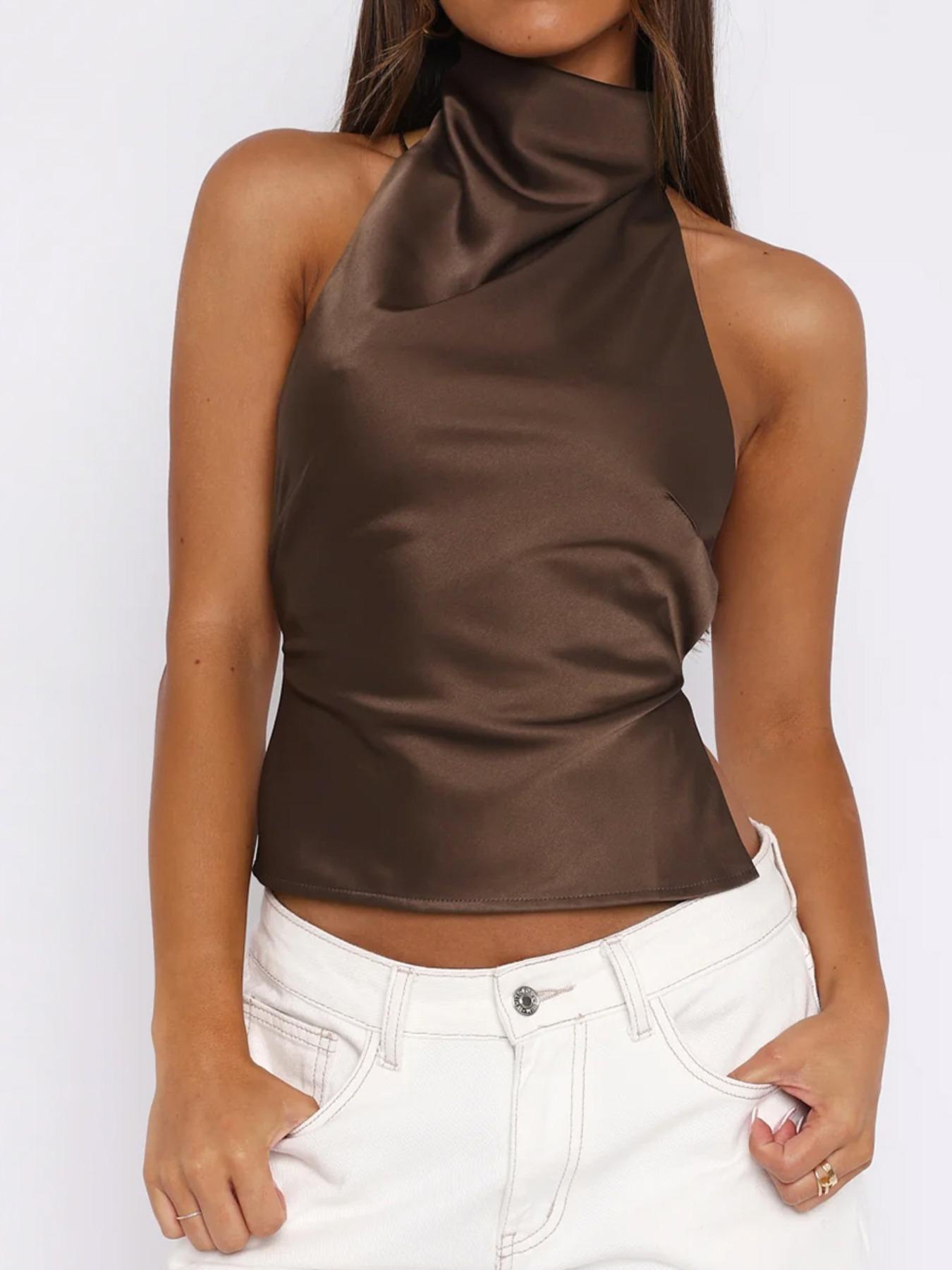 Women's Solid Backless Halter Top, Casual Sleeveless Top for Summer, Ladies Clothes for Daily Wear