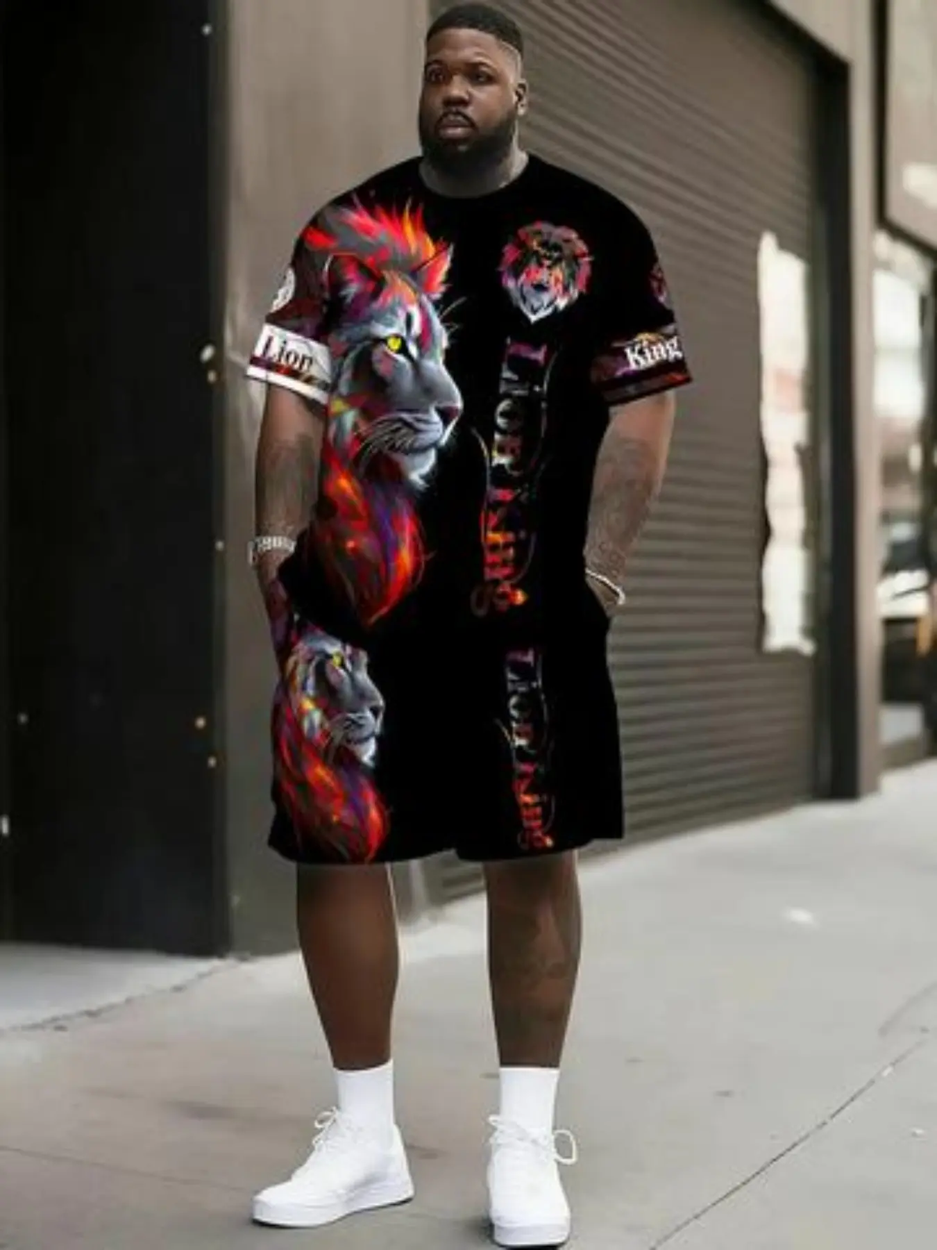 Men's Large Size Lion 3D Print Suit Set, Trendy Round Neck Short Sleeve Shorts Two-Piece, Casual Summer Comfort Wear