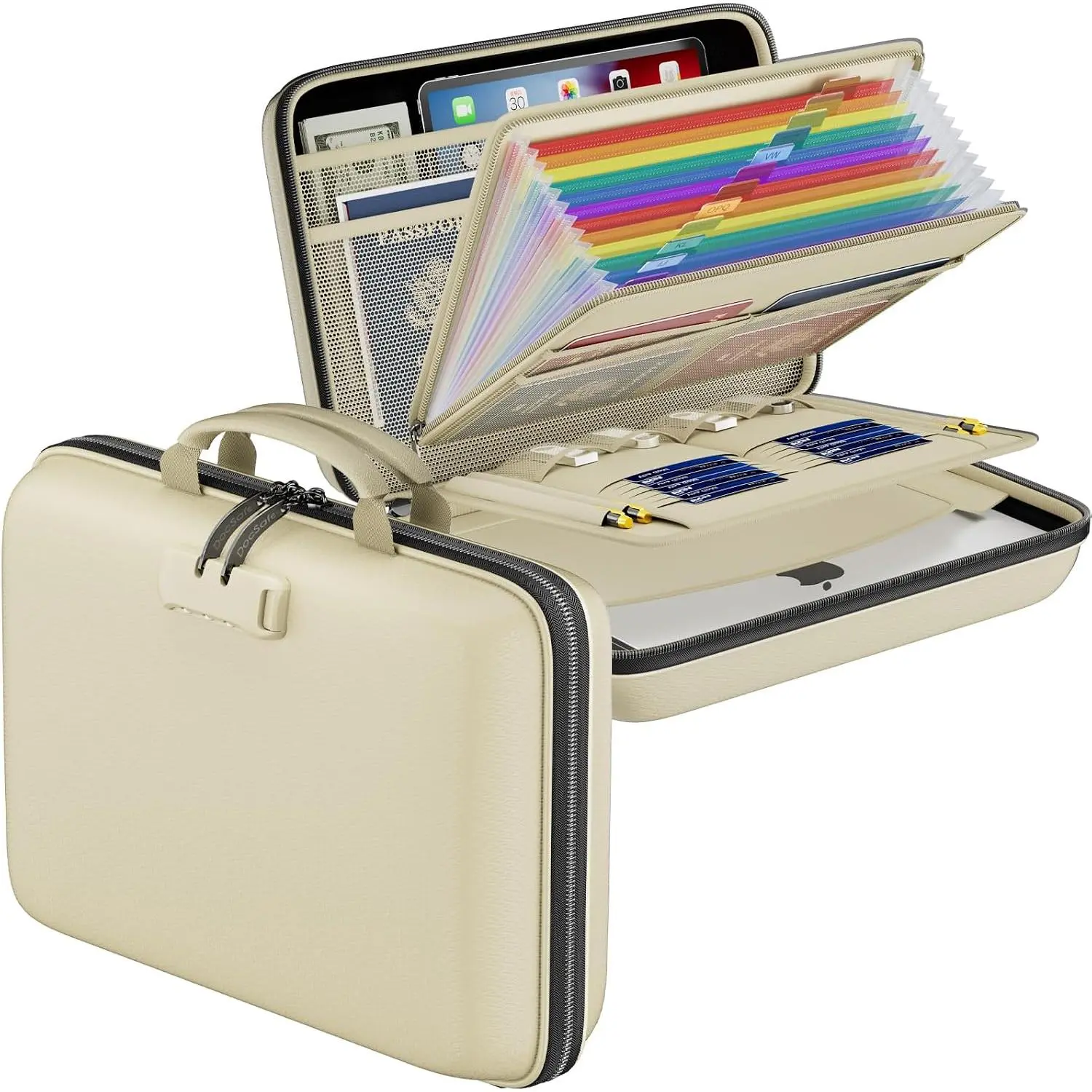 Fireproof File Organizer - UL94-V0/5VA Flame Retardant Test Passed, Upgraded Hard-Shell, Water-Resistant Lockable Box with 13 Accordion Pockets, Strong Handle, Large-Capacity 15.5"x11.5"x3" Portable Storage for Home (Beige)