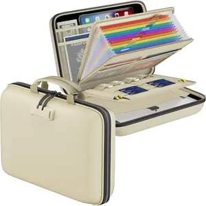 Fireproof File Organizer with Lock, Hard-Shell Case Fireproof Document Box with 13 Pocket Accordion File Folder, Portable Home Office Travel Safe Storage for Important Documents Laptop Beige