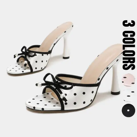 New Arrival Women's Spring Summer Retro Classic Open Toe High Heel, Elegant Polka Dot Pattern Mules, Faux Pearl & Bow Detail, Slip-On High Heels, Perfect for Dating, Commuting & Social Occasions, Fashionable Footwear