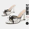 New Arrival Women's Spring Summer Retro Classic Open Toe High Heel, Elegant Polka Dot Pattern Mules, Faux Pearl & Bow Detail, Slip-On High Heels, Perfect for Dating, Commuting & Social Occasions, Fashionable Footwear