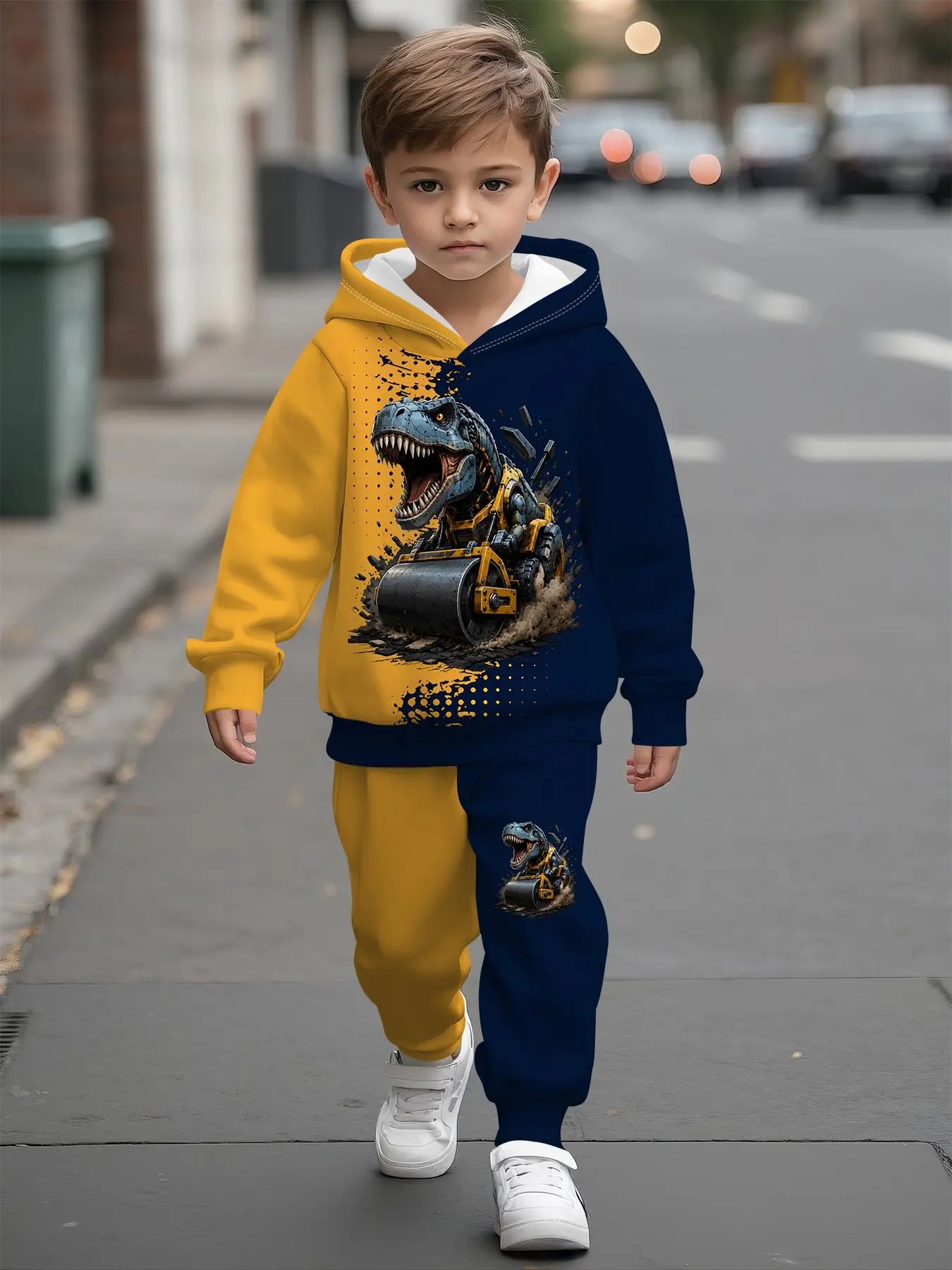 Boys' Dinosaur Digital Print Hooded Sweatshirt Set, Casual Comfortable, Perfect for Daily Wear, Trendy Gift for Boys