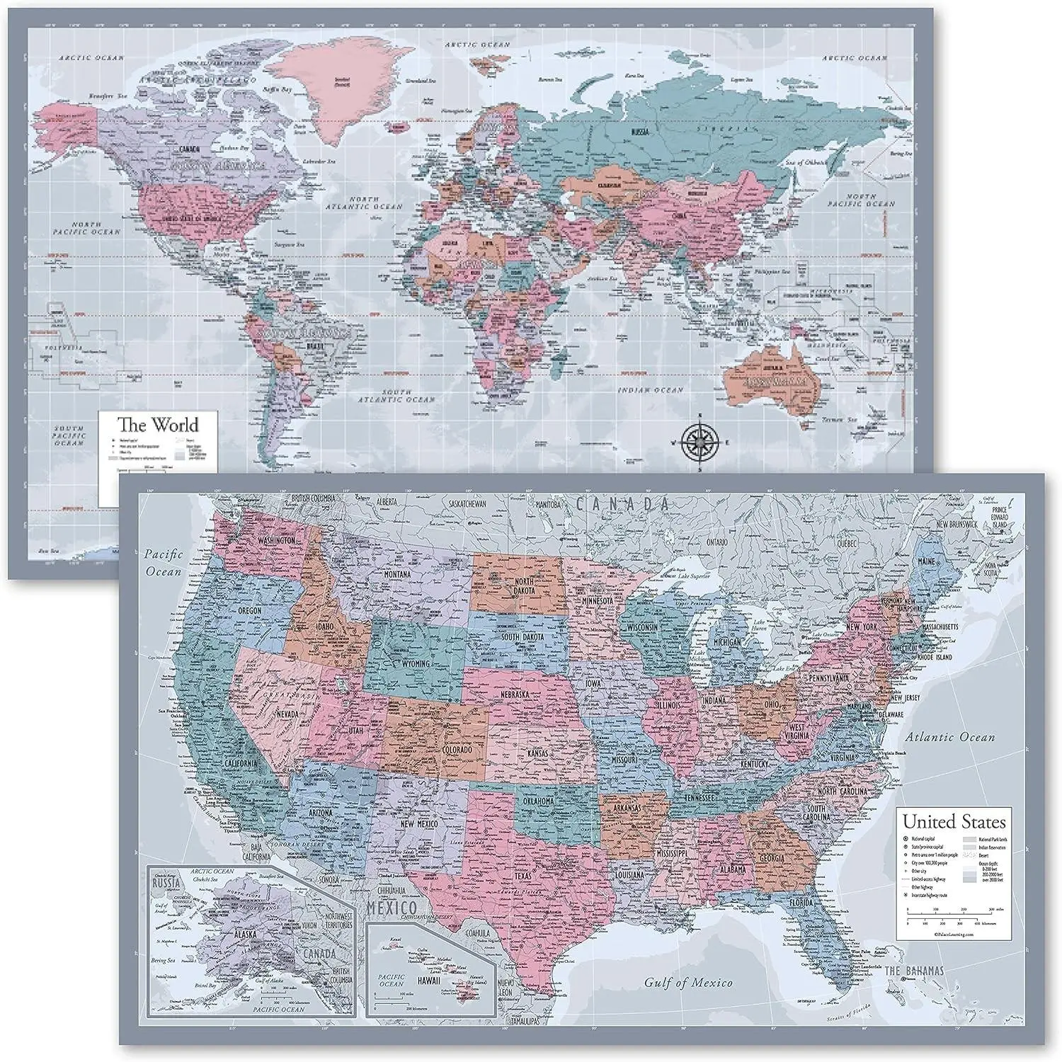 2 Pack - World Map Poster & USA Map Chart [Purple] (LAMINATED, 18" x 29")