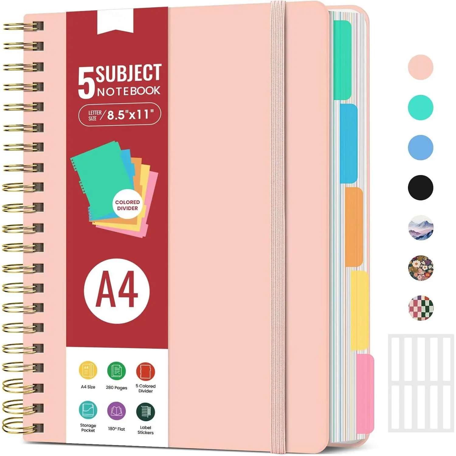 Hardcover Spiral 5-Subject College Rule Notebook, 8.5"x11" A4 Size with Removable Dividers & Removable Tabs, 280 Pages for Work Note Taking & Organization (Women-Focused)