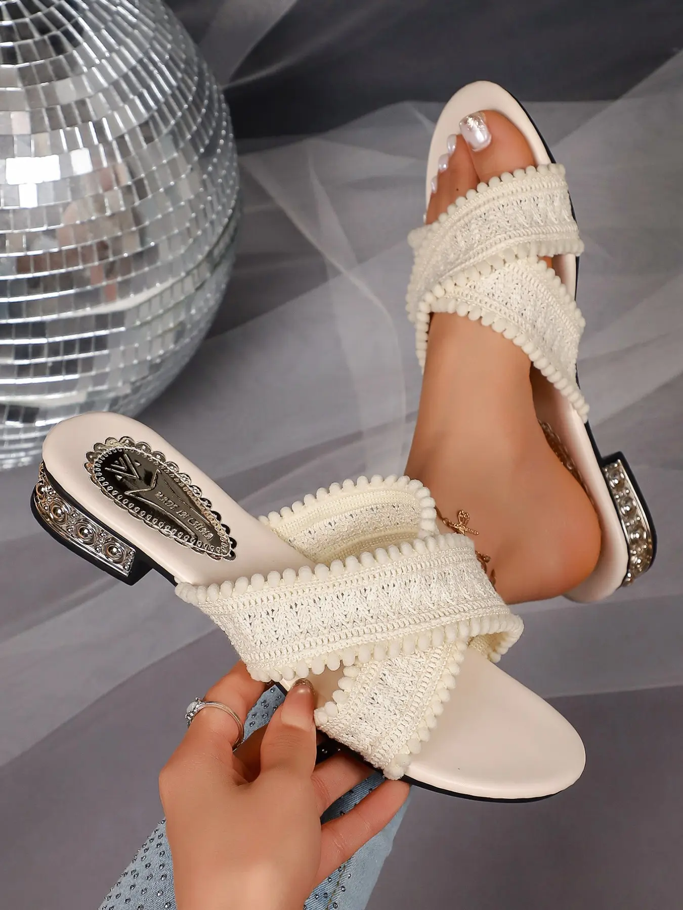 Women Crochet Pom Pom Cross Strap Slide Sandals, Rhinestone Low Block Heel, Open Toe Summer Mules, Casual Summer Sandals, Fashionable Footwear for Women