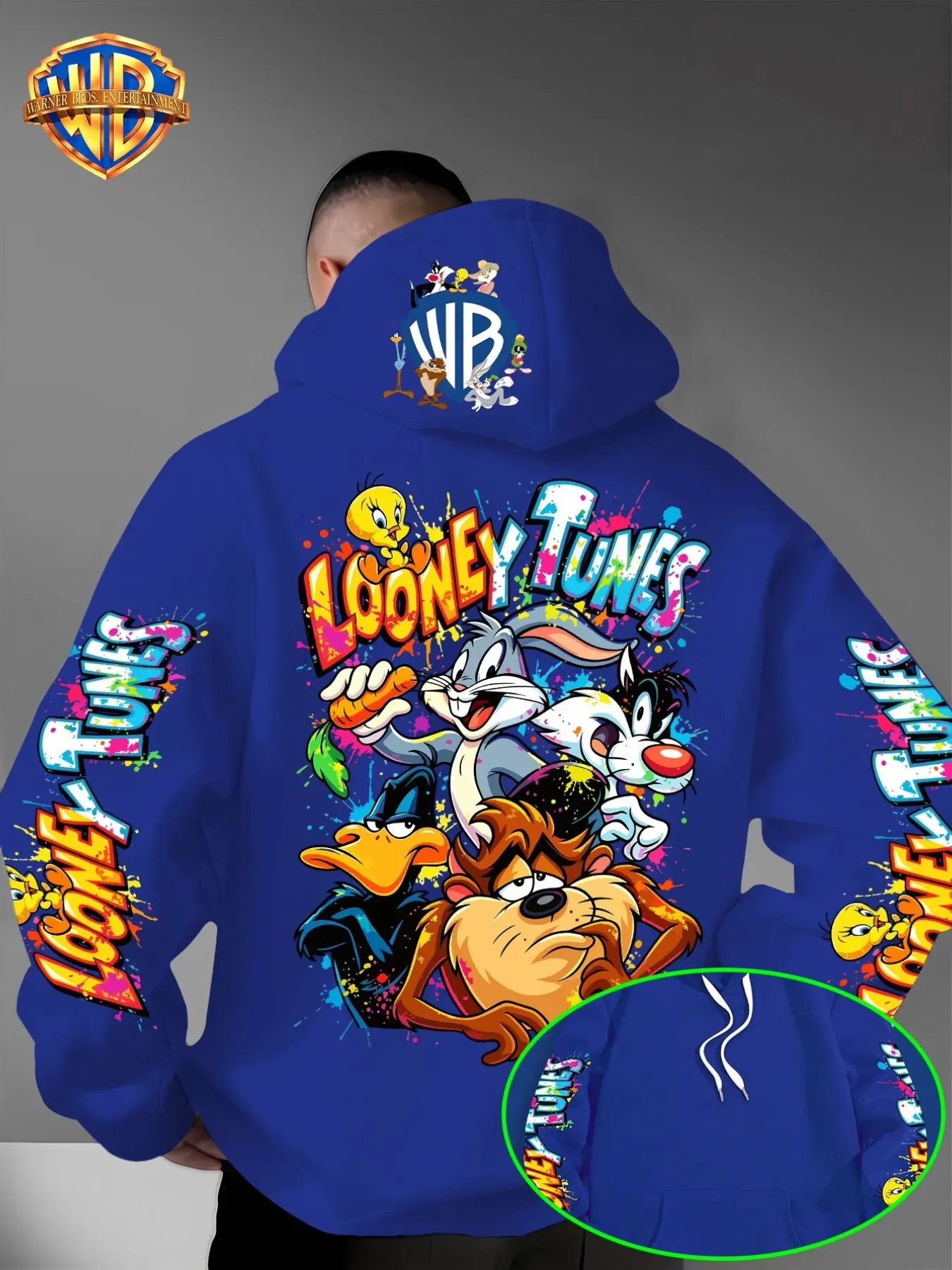 Warner Bros Men's Blue Looney Tunes Hoodie, Cartoon Character Print, Long Sleeve Loose-Fit, Casual Streetwear, All Seasons