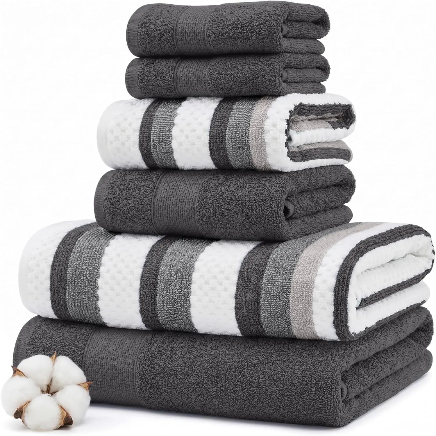 Pax 6-Piece Reversible Yarn Dyed Jacquard Towel Set - Bath Towels, Hand Towels, & Washcloths - Super Absorbent & Quick Dry - 100% Combed Cotton, Coal