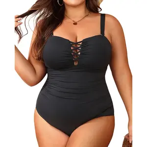 Daci Women Plus Size One Piece Swimsuit - Tummy Control Bathing Suits Ruched Lace up Swimwear Bandeau Retro Swimsuits DealsForYouDays