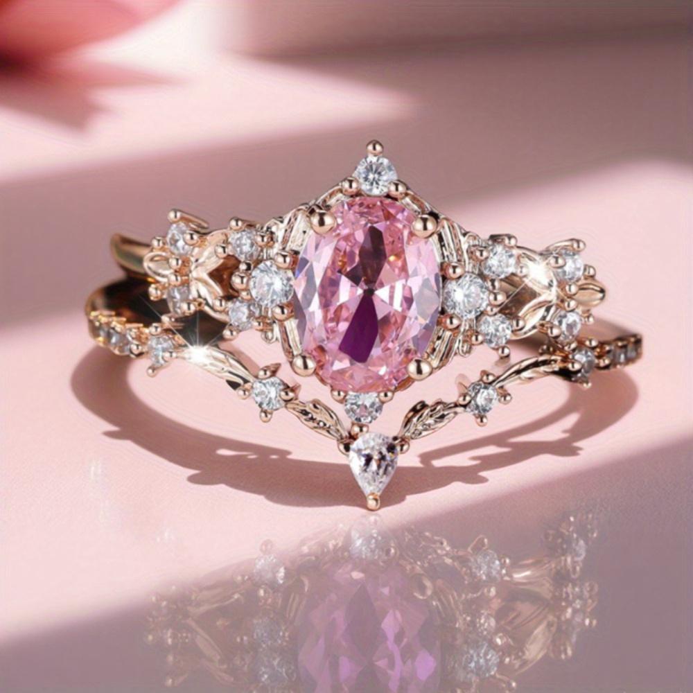 Cute Dainty Pink Flower Synthetic Zirconia Couple Rings, Promise Stacking Birthstone Rings, Golden Engagement Wedding Jewelry, Valentine's Day Mother's Day Christmas Gift