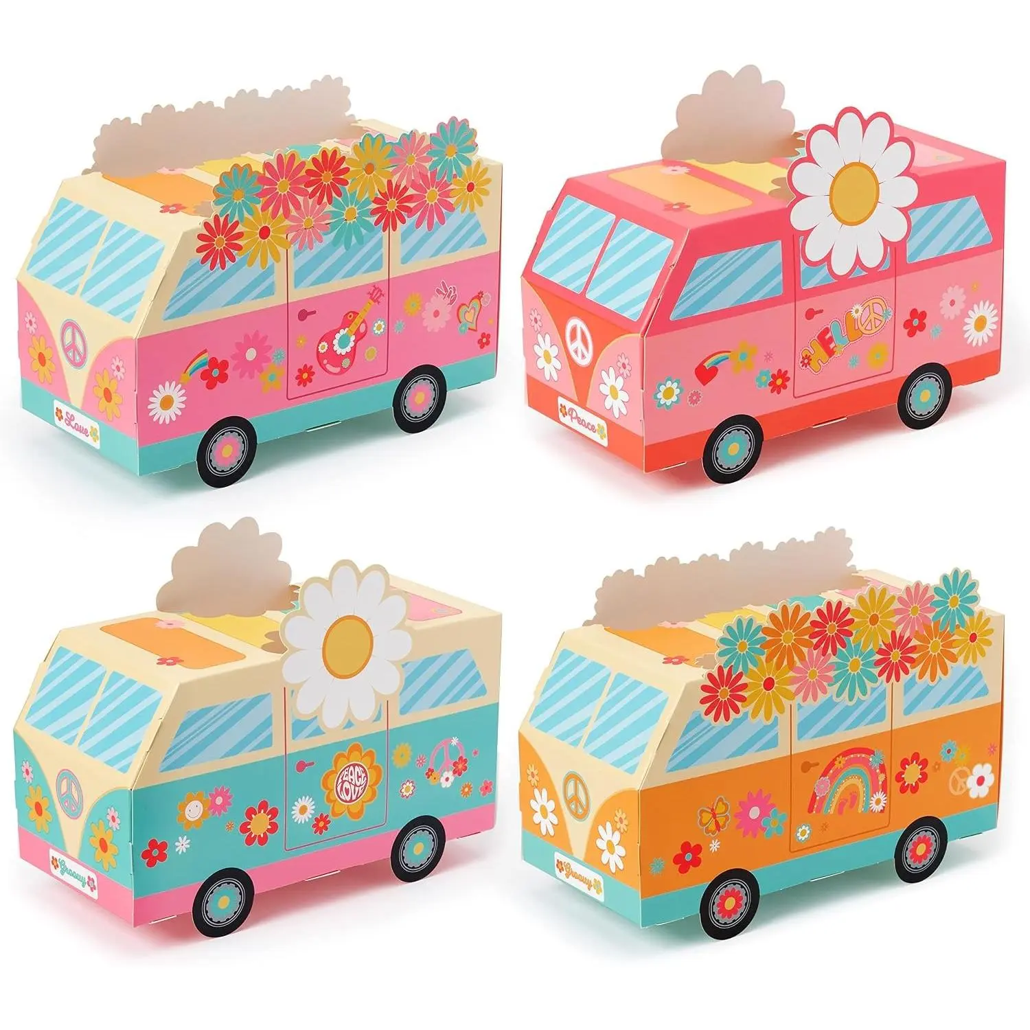 12Pcs Groovy Party Favor Boxes Groovy Hippie Peace Bus Centerpiece Birthday Party Decorations Peace Signs Daisies Rainbows for Baby Girls Kids Boho Hippie Birthday Decoration Supplies
