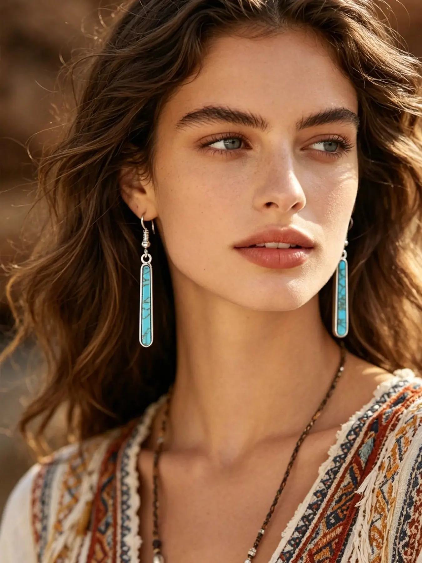 1 Pair Vintage Turquoise Long Statement Earrings, Minimalist Bohemian Vertical Bar Drop Earrings