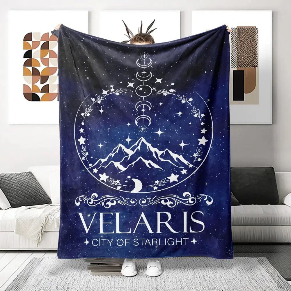 Velaris City Of Starlight White Text & Star Design Flannel Blanket - Soft, Cozy, Skin-Friendly, Breathable, All-Seasons, Machine Washable, Ideal Home Use Holiday Gift