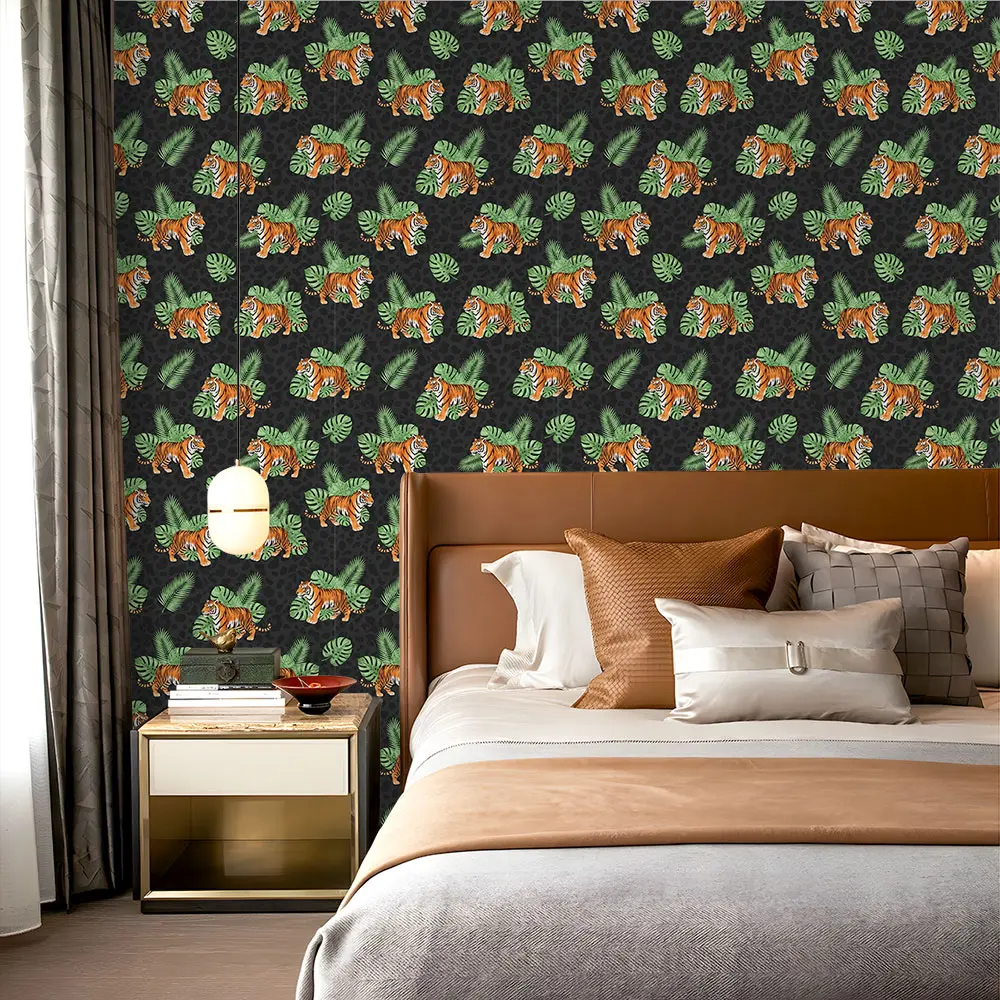 1 piece of PVC wallpaper with a tiger and green leaf pattern, featuring a self-adhesive backing that can be peeled off and applied directly to walls. It is suitable for wall decoration and wall renovation projects.
