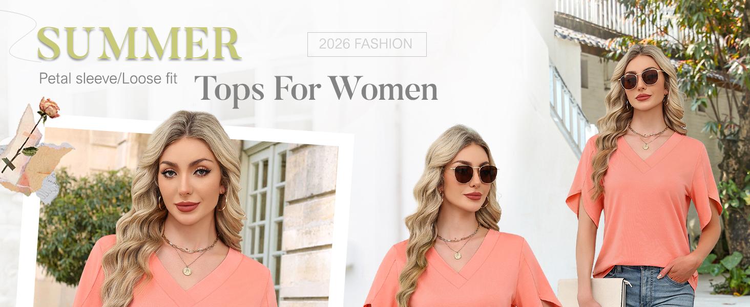 WIHOLL FASHION Womens Summer Tops Short Petal Sleeve Shirts Fashion V Neck Outfits Clothes