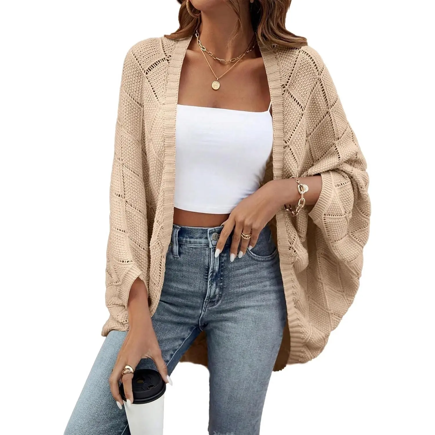 Women's Crochet Oversized Cardigan - Hollow Out Long Batwing Sleeve Lightweight Summer Shrug Sweater, Spring Casual Knit OuterwearGift