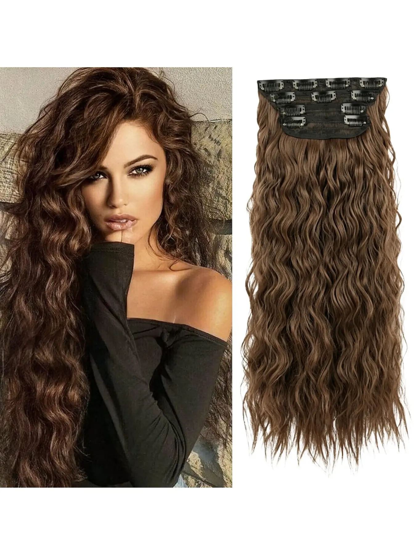 Curly Hair Extensions, 4 Pcs 20 Inch Lace Front Short Curly Clip-In, Invisible Natural Women's Synthetic Fiber Extensions Hair Hairpieces, Light Highlights