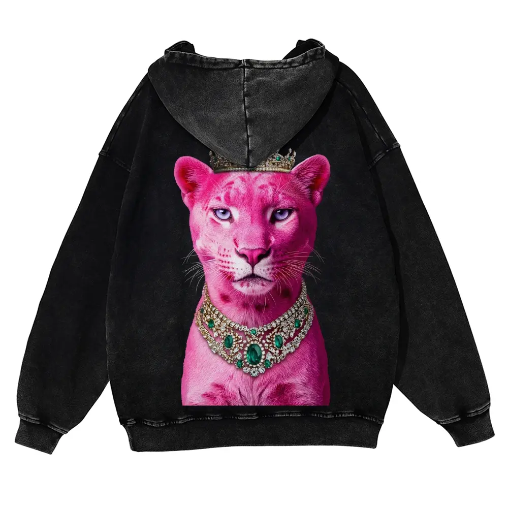 Unisex Light Luxury Queen Pink Leopard Rich Girl Style Graphic Washed hoodie Personalized Pattern Y2k Clothing Round Neck Washed hoodie,Women's Clothing 100% Cotton, Menswear, Top, Vintage Style,Summer Casual Oversized