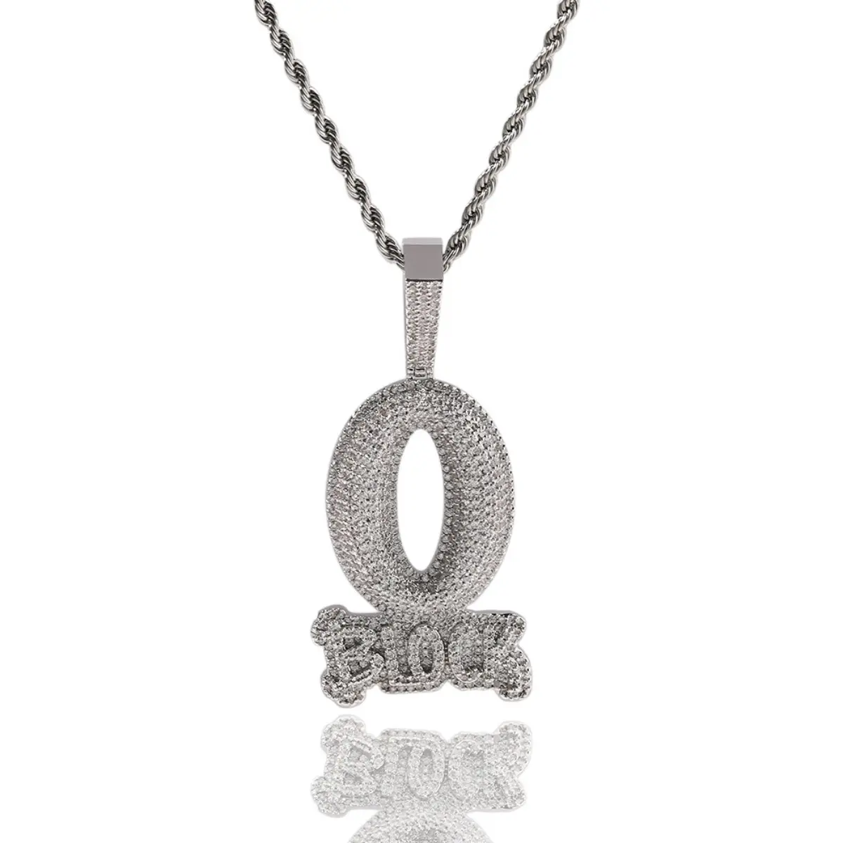 Hip Hop Trend Full Diamond O BLOCK Zircon Letter Pendant Necklace Men's Fashion Simple Jewelry Accessories