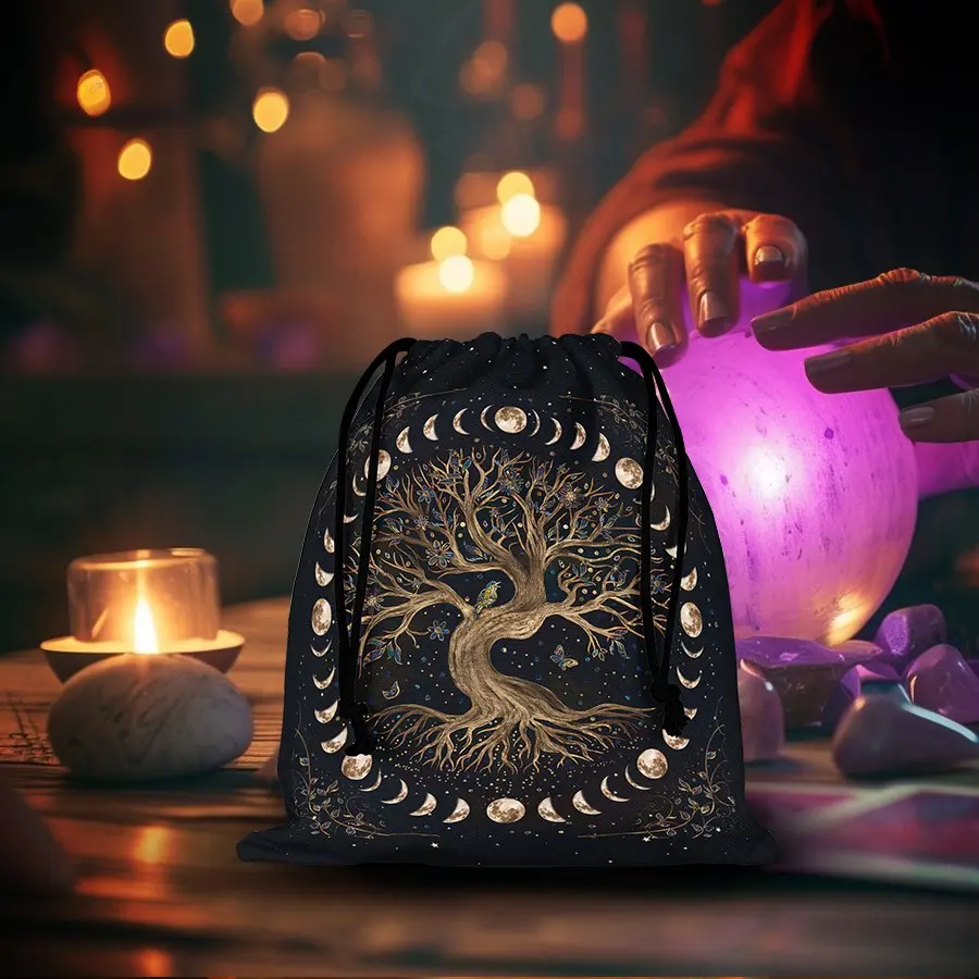 Tree of Life Moon Phase Tarot Drawstring Bag, Tarot Card Storage Pouch, Witchy Spiritual Crystal Jewelry Bag, Wiccan Divination Gift
