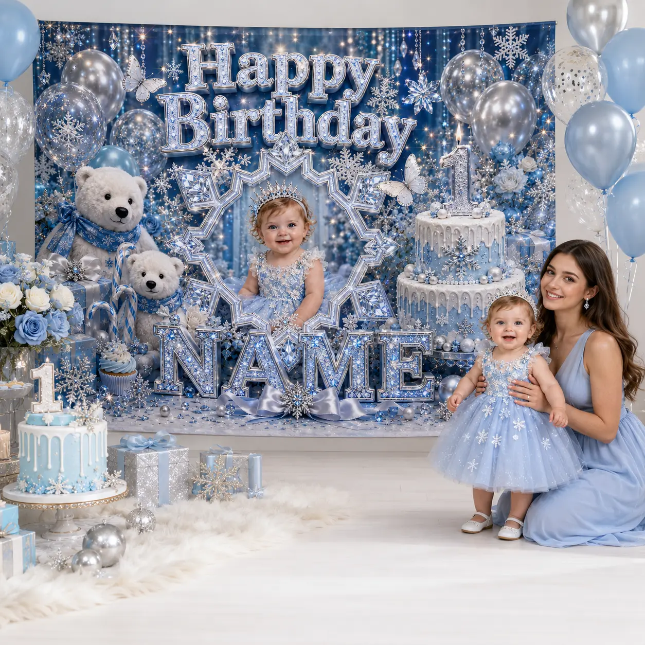 Personalized Winter 1st Birthday Backdrop with Photo and Name, Snowflakes, Polar Bears, Butterflies, Balloons and Cake