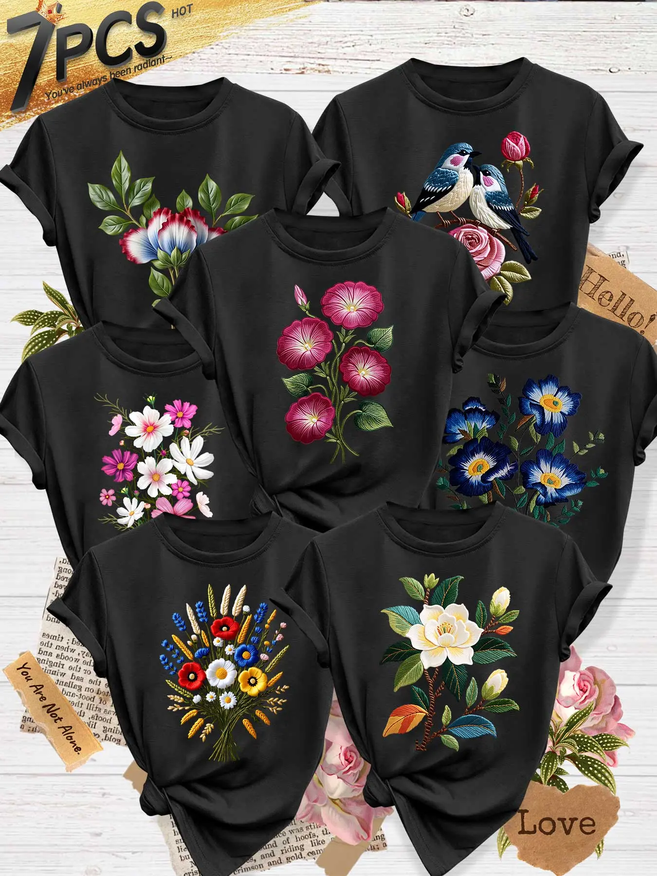 7Pcs Women Crew Tee,Contrast Flower & Couple Bird Embroidery Print,multi-color,washable,soft summer top