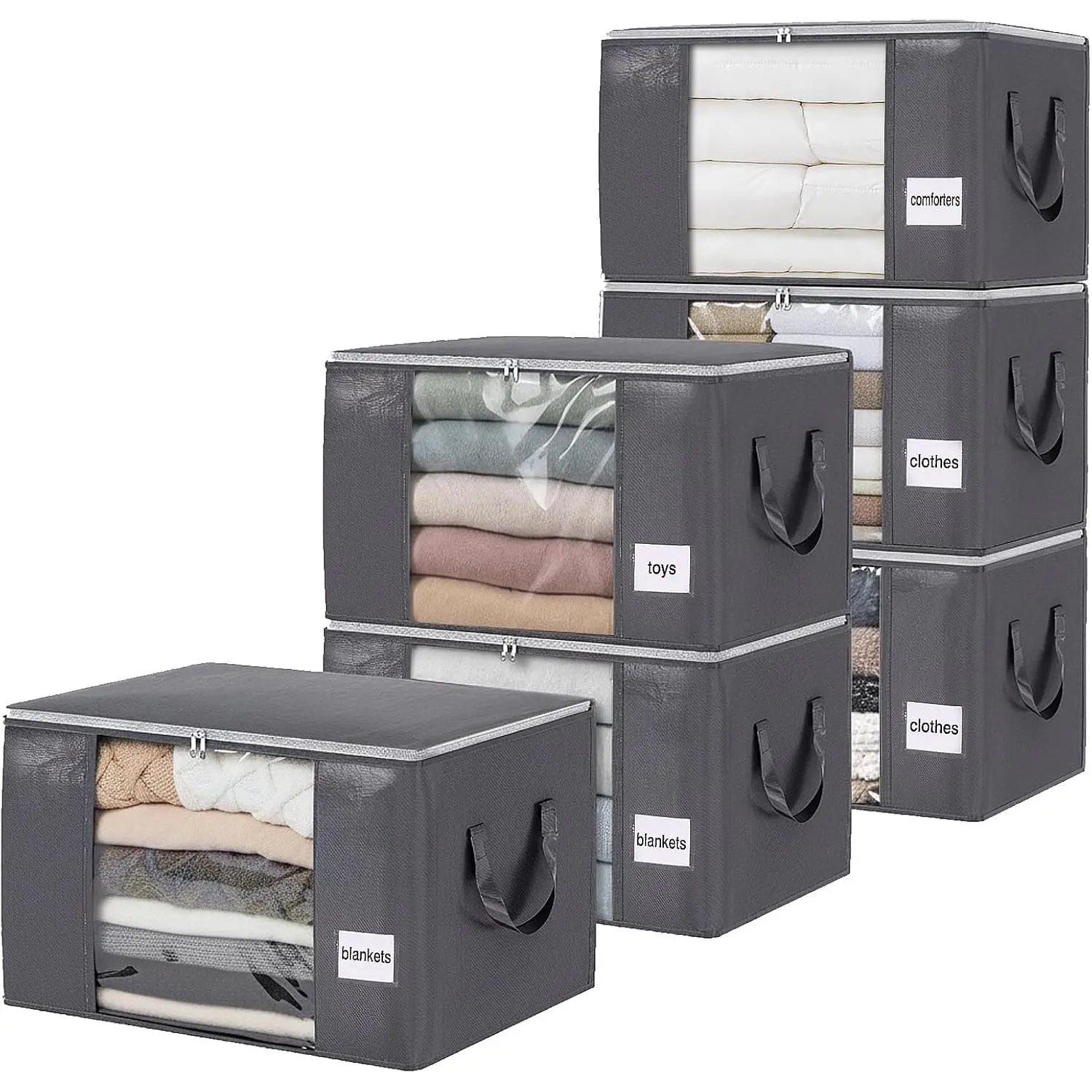 Bedding Storage 90L Blanket Storage Bags 6 Pack Large Foldable Heavy Duty Clothes Containers for Closet, Clothing, Comforters, Bedding, Bed Sheets, Pillows and Toys Organizers