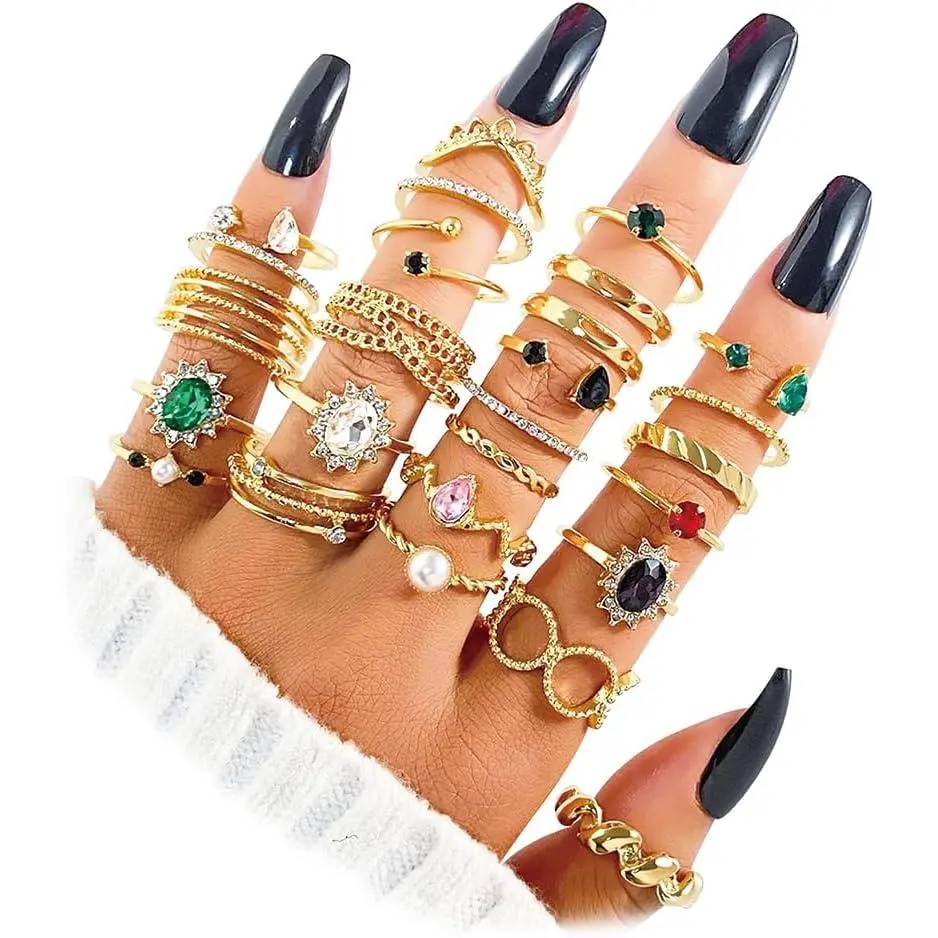 26-30Pcs  Boho  Fashion Sparkle Knuckle Rings Set for Women | Aesthetic Trendy Joint Snake Ring Pack, Retro Green Black  Colorful Rhinestone   Leaf