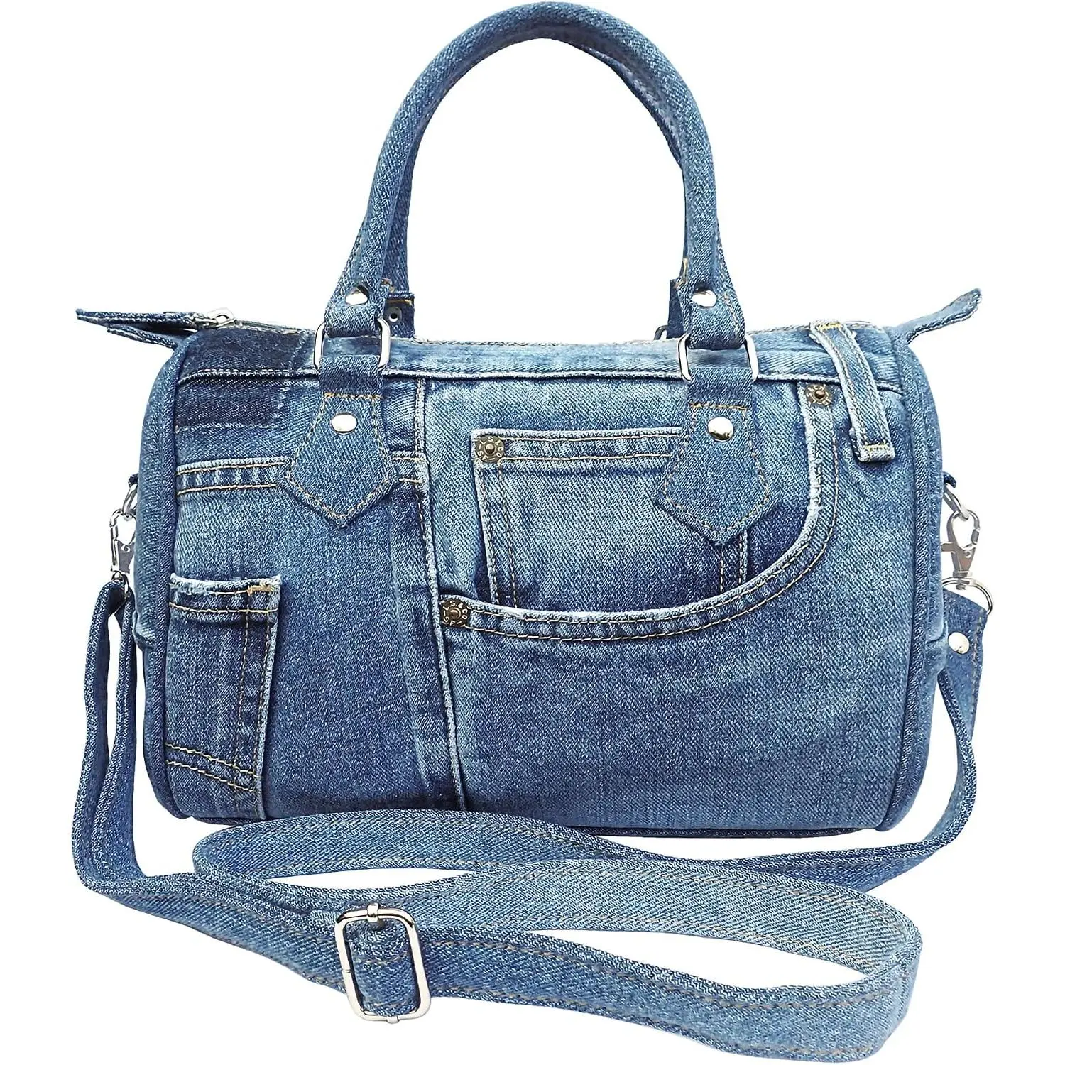 Handma Upcycled nim Compact Crossbody Handbag for Women (Medium-Tone) | Lightweight Blue Jean Satchel Purse with Adjustable Strap and Top Handle for Daily Use, Approx. 10 x 8 x 5.5 In.