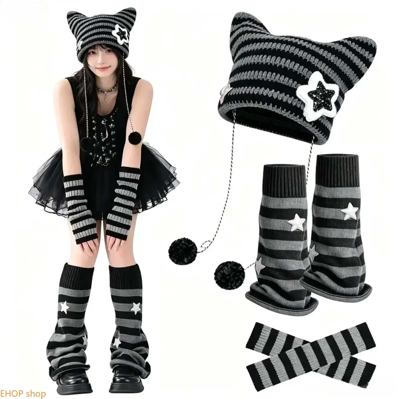 3Pcs Y2K Gothic Witchy Hat Set for Women Star Pattern Beanie with Striped Knit Arm Warmers & Long Cozy Leg Warmers Soft Winter Accessories for Halloween Parties Festivals Streetwear and Cold Weather Outfits