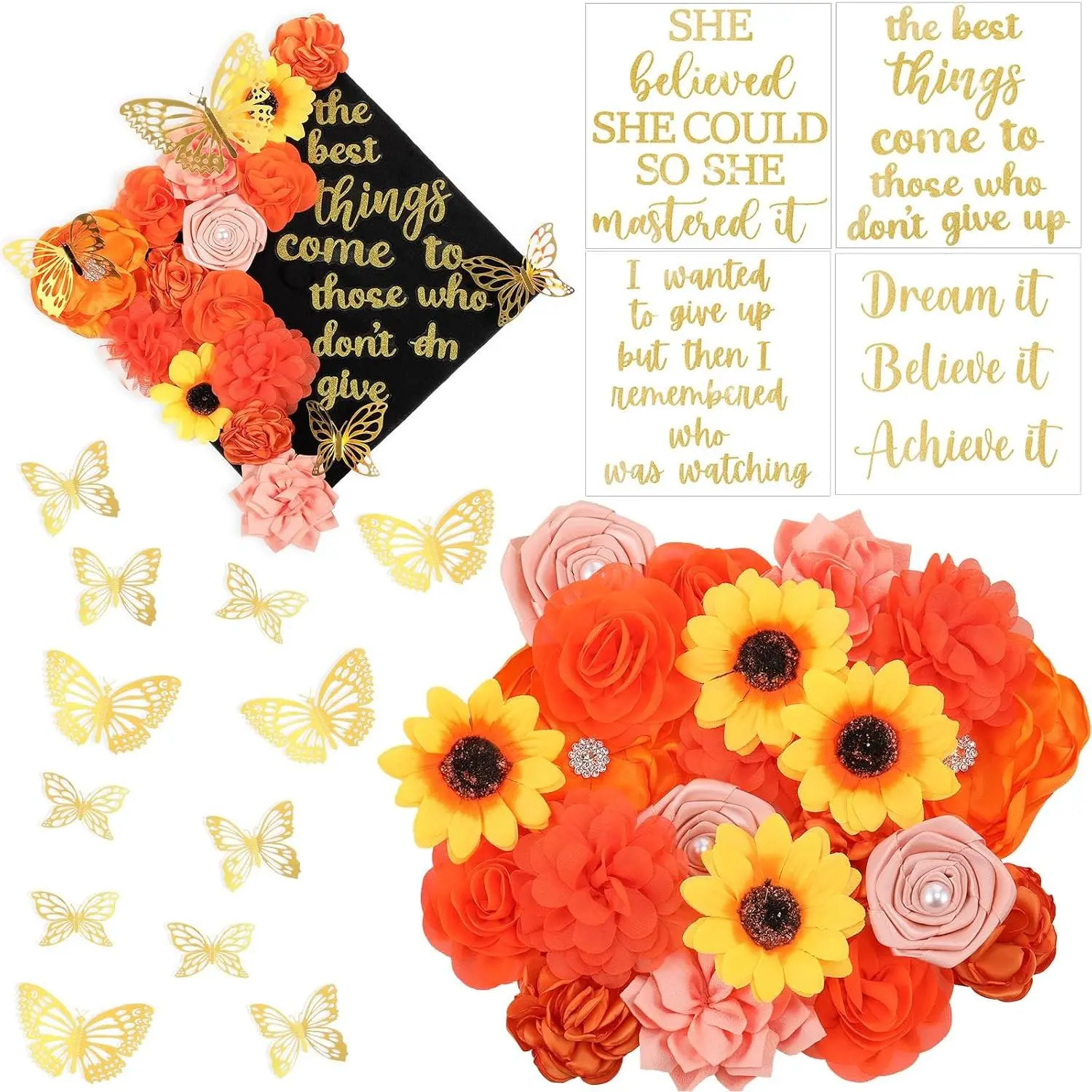 36 count DIY 2026 Graduation Cap Decorations Accessory Kit Include Faux Flower Heads Graduation Quotes Glitter Stickers  Butterfly for Grad Cap Topper DIY (Orange,Excitation)
