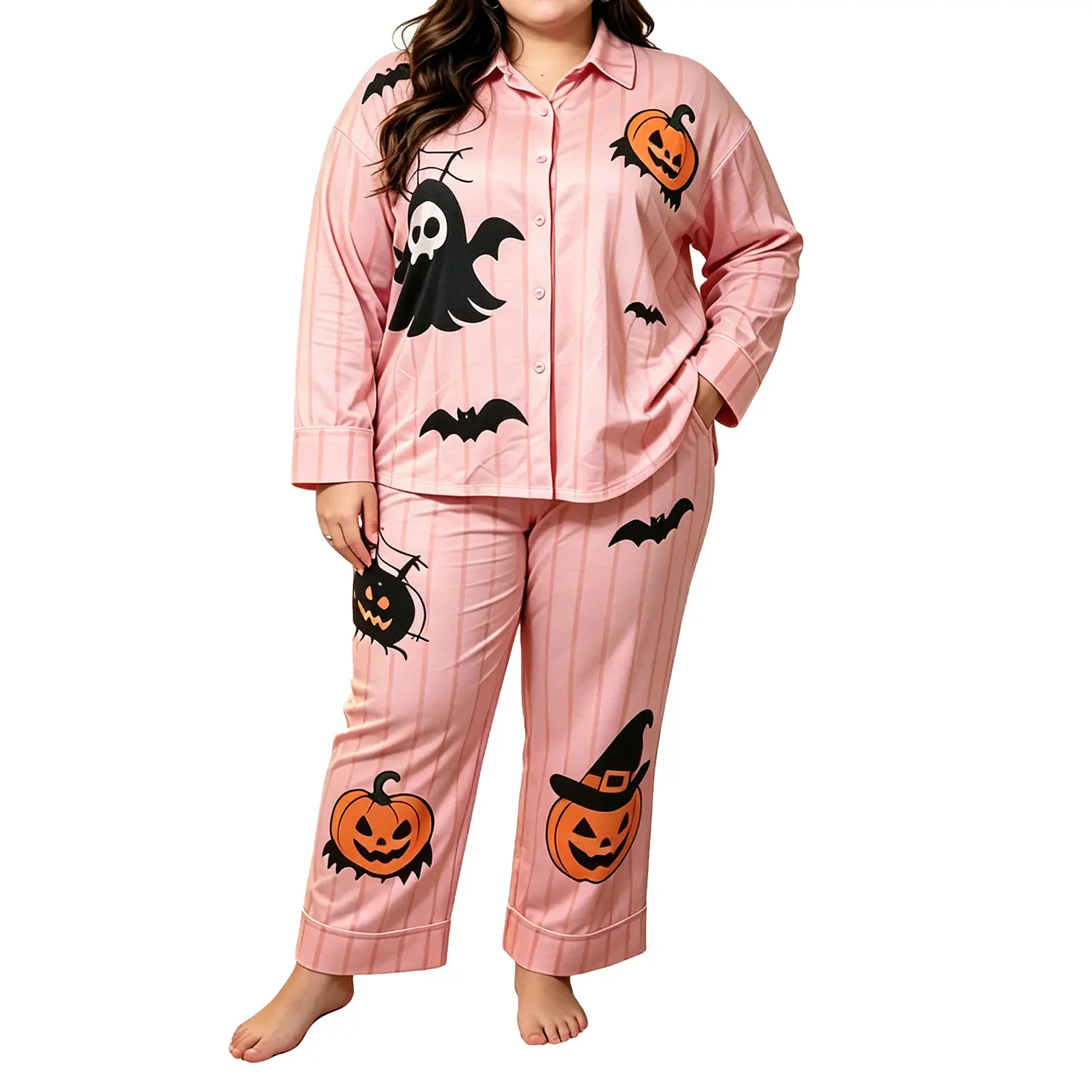 Women's Plus Size Halloween 2-Piece Matching Costume Pajama Set - Breathable Comfortable Soft Touch Button-Down Collared Long-Sleeve Shirt, Long Pants with Ghost Pumpkin Bat Print, Orange Sleepwear Loungewear