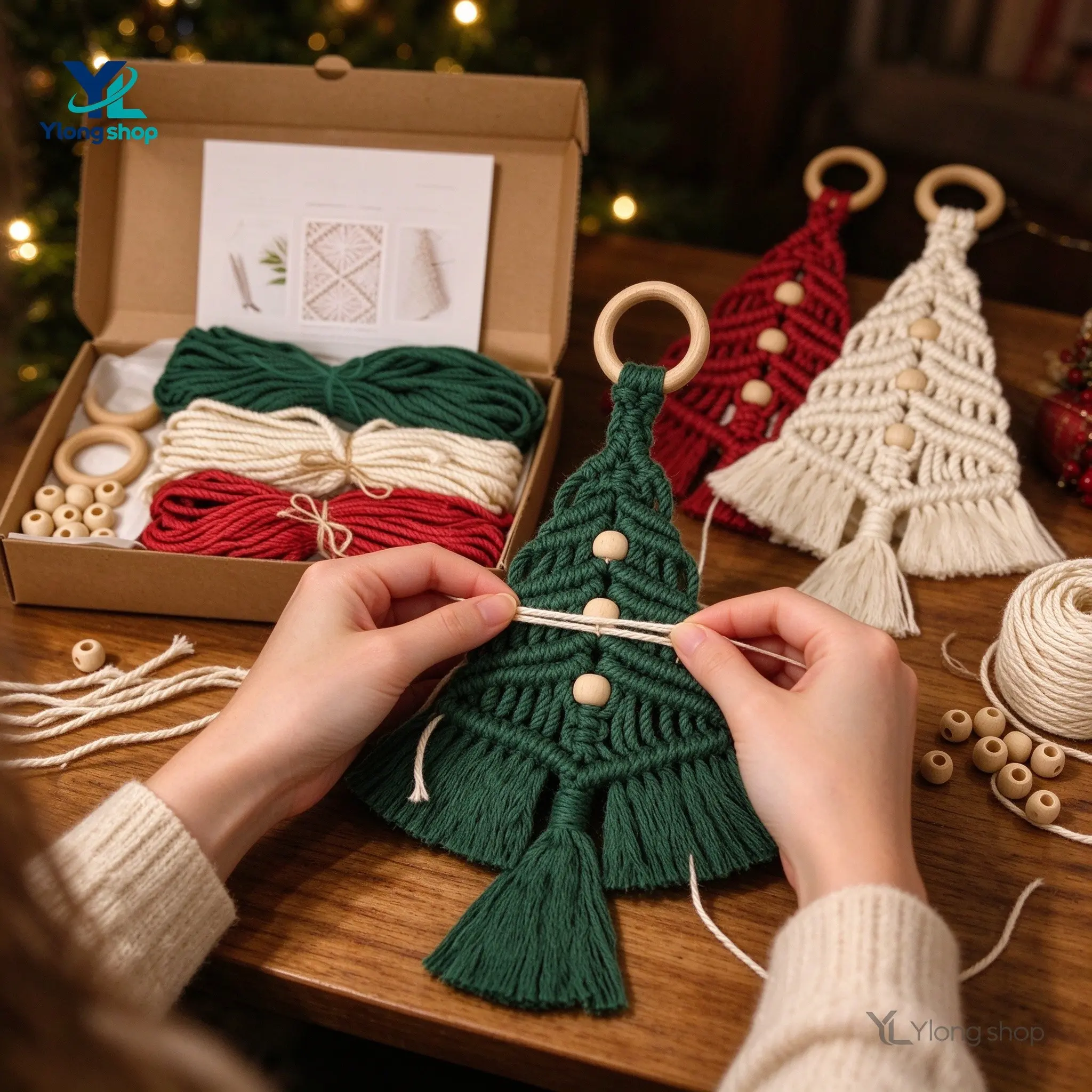 Macrame Christmas Tree DIY Kit, Handmade Woven Cotton Wall Hanging Kit with Wooden Rings and Beads, Boho Xmas Ornament Craft Gift for Adults Beginners Holiday Home Decor Rustic Christmas Decor