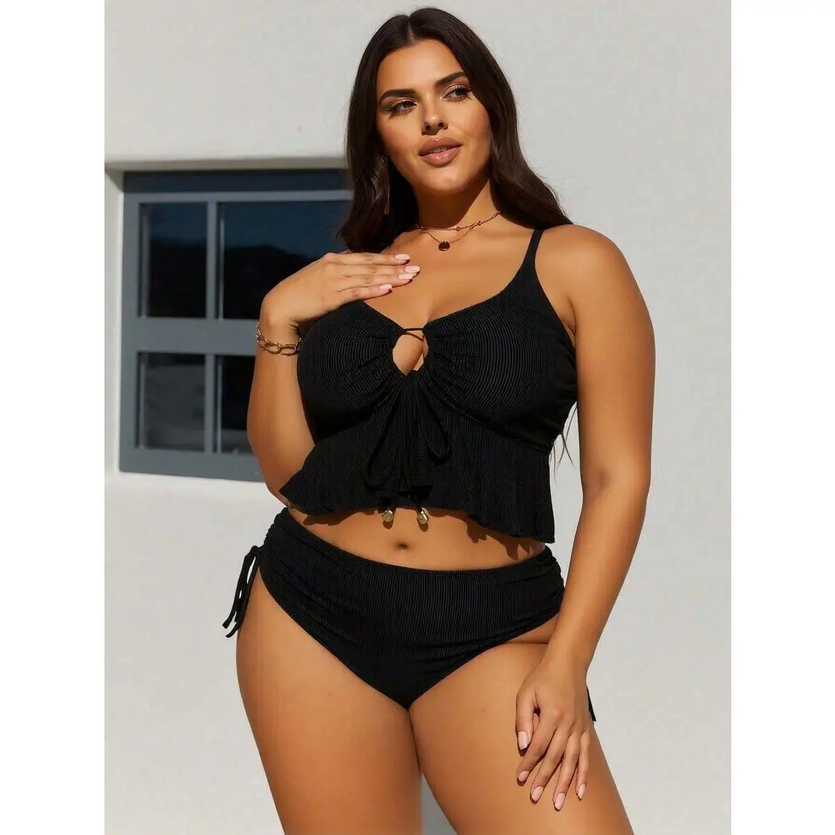 Women's Plus Size Black Ribbed Cutout Ruffle Hem Bikini Set, Swimsuits for Women, Swimming, Crop Top, Female, Knit Fabric, High Waisted, Machine Wash
