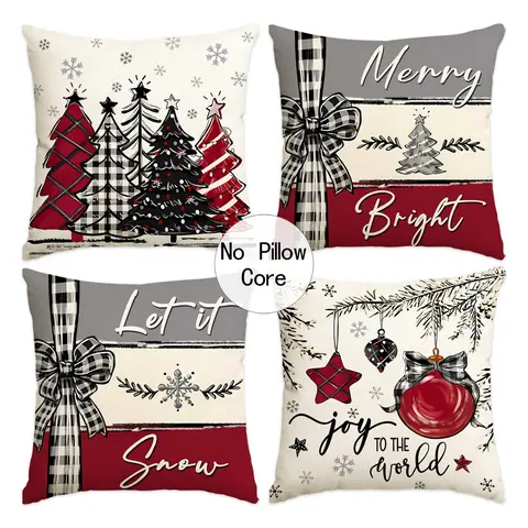 Christmas Themed Pillow Cover, 4/8 Counts/set Merry Christmas Letter & Tree & Snowman & Bell Pattern Cushion Cover Decoration Supplies for Home Living Room Bedroom Sofa(Without Pillow Core)