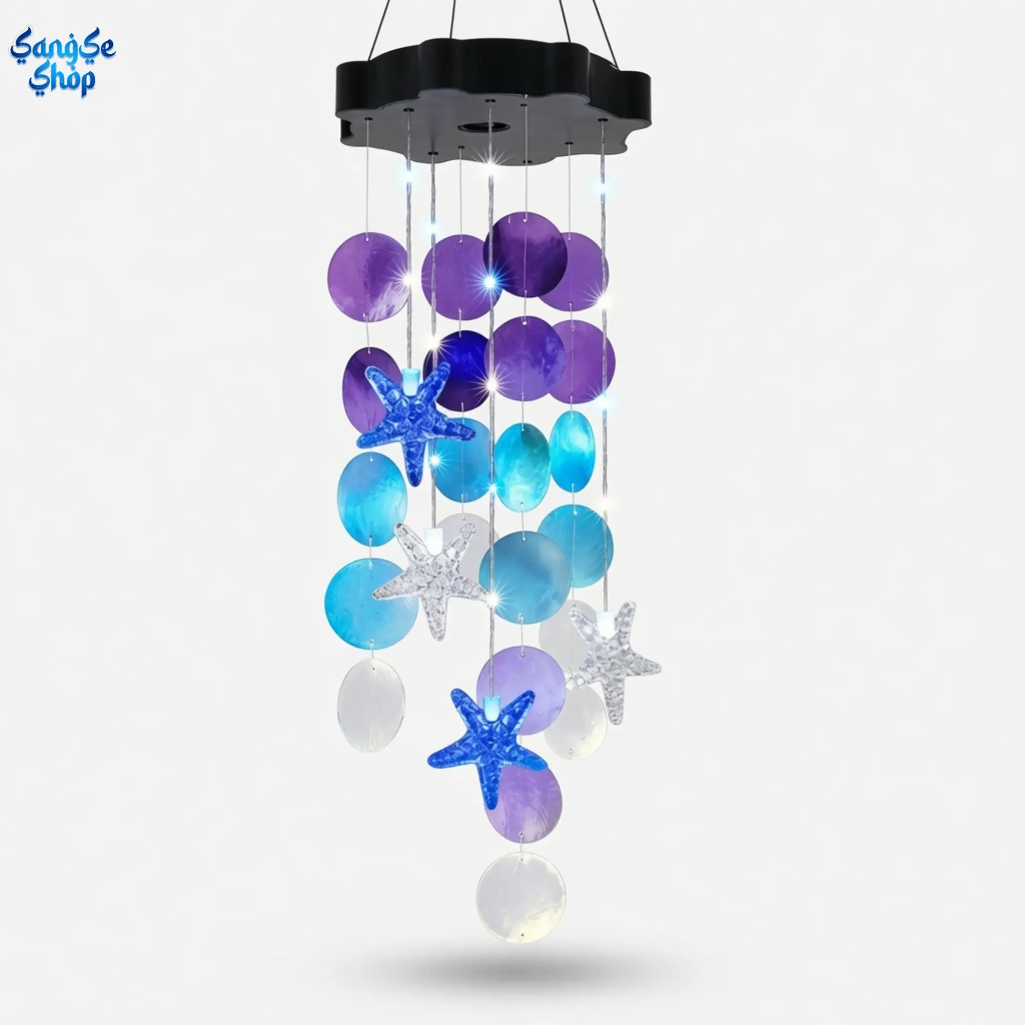 Women's Solar-Powered Capiz Shell Chime with Blue & White Starfish, Energy-Efficient Coastal Decor, Hanging Balcony Window Ornament, Beach-Inspired Birthday Gift (Bag Charm Accessory)