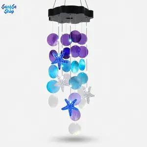 Solar-Powered Capiz Shell Wind Chime with Blue & White Starfish, Outdoor Garden Decor, Hanging Patio & Window Ornament, Perfect Mother's Day Gift for Women, Beach & Coastal Home Decoration