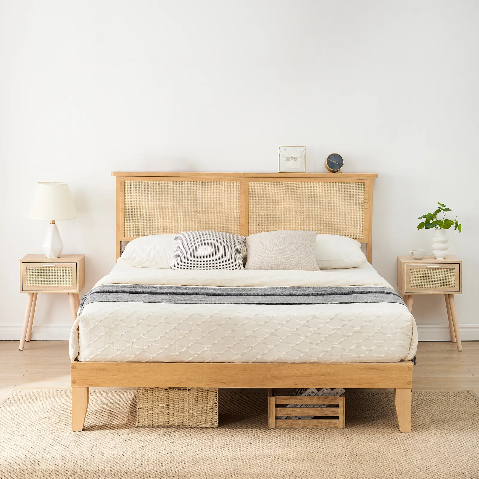 Hosslly Bohemian Rattan Storage Bed Frame - Full/Queen/King Sizes, Color Changing LED Lights, Rattan Headboard, Natural Oak Wood Legs, Metal Structure, 84x63x41 Inches, No Box Spring, Noise-Free, Assembly Required - Ideal for Boho Bedrooms