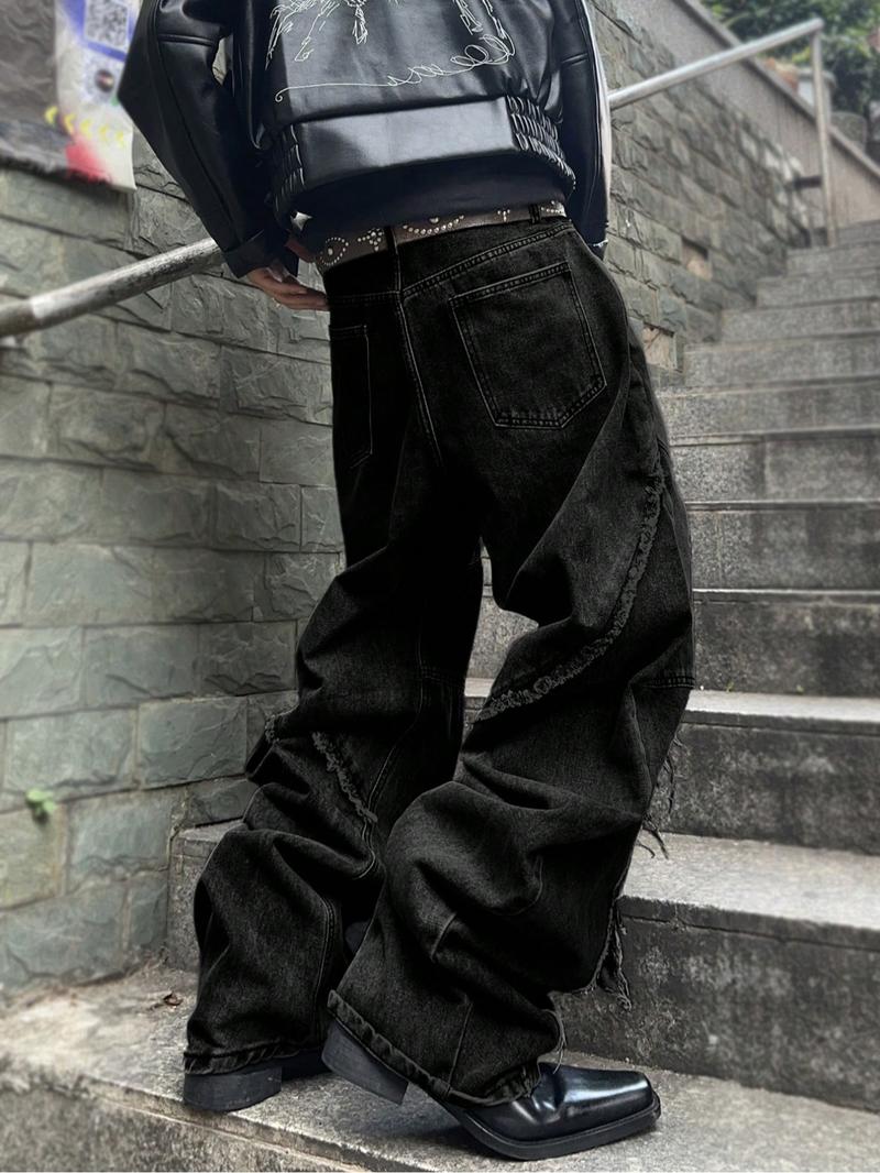 Men's Street Style Raw Hem Jeans, Casual Comfy Denim Jeans for Daily Wear, Wide Leg Jeans Bottoms for Men
