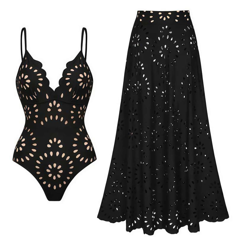 Women's Laser Cut Mesh One-Piece Swimsuit & Matching Cover Skirt Set Quick Drying Sheen Removable Pads Cold Washable Beachwear Deep V Neck Stretchy Swimwear Stylish Bathing Suit Beachwear