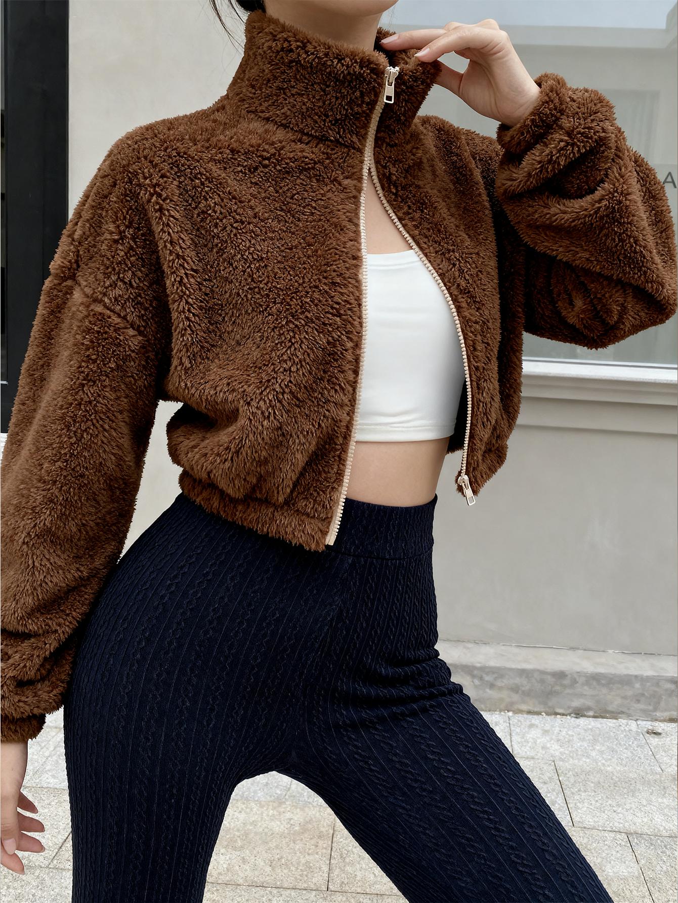 New Spring Women's Jacket, High Neck Zipper Cardigan, Plush Coat