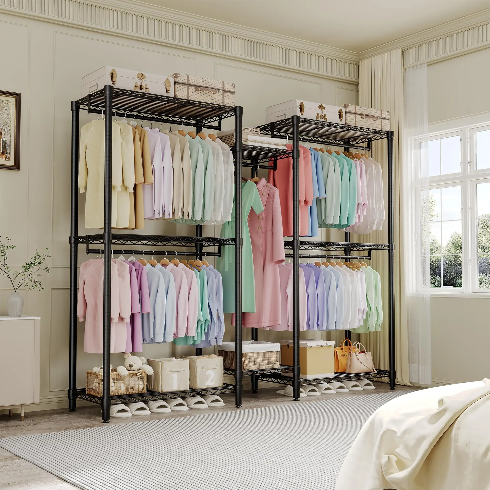 Heavy Duty Freestanding Clothes Rack – 5-Tier L-Shaped Closet Organizer, Adjustable Shelves & Hanging Rods, Supports 1870 lbs – Portable Wardrobe Storage for Bedroom, Cloakroom – 85.4"W x 17.4"D x 70.5"H