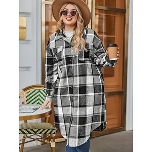 Large size autumn and winter European and American style slim-fitting woolen long-sleeved trench coat medium and long plaid coat jacket