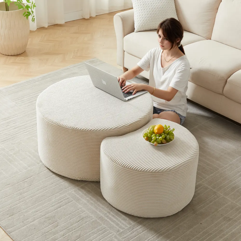 Nesting Coffee Table Set of 2, Upholstered Round Coffee Table Set, Modern Ottoman Coffee Tables with Foam Cushion, Nesting Side End Tables for Living Room, Bedroom, Apartment, Small Space, Accent Cocktail Table, No Assembly Required