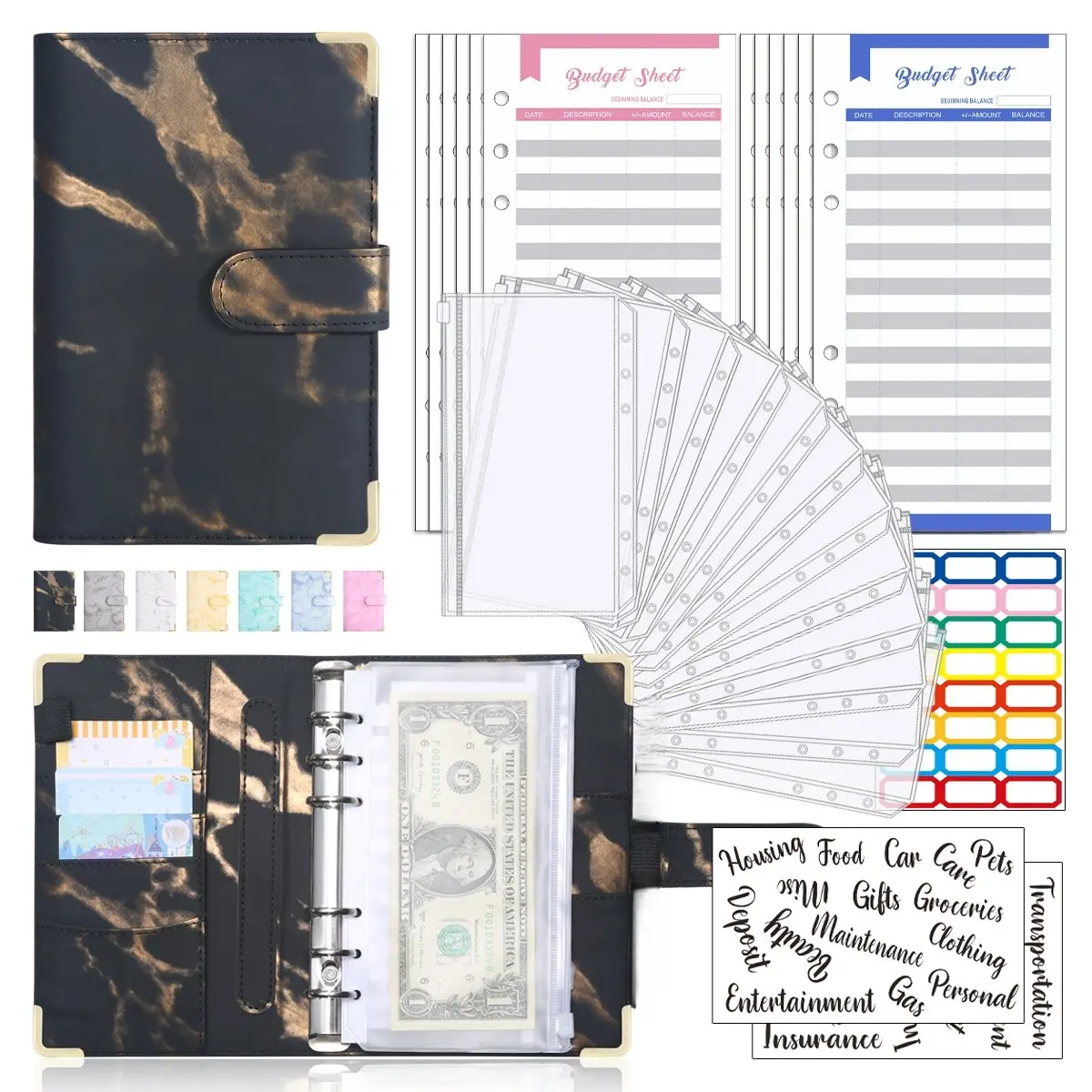1pc A6 Binder Journal Marble Pattern 6 Ring Notebook Cash Budget Money Tracker Organizer for Bills Photos Stamps Cards Savings Ledger Collecting Book Multi Functional Helper